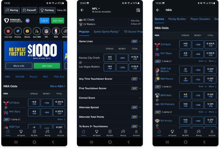 Screenshot of the FanDuel Sportsbook app for Android.